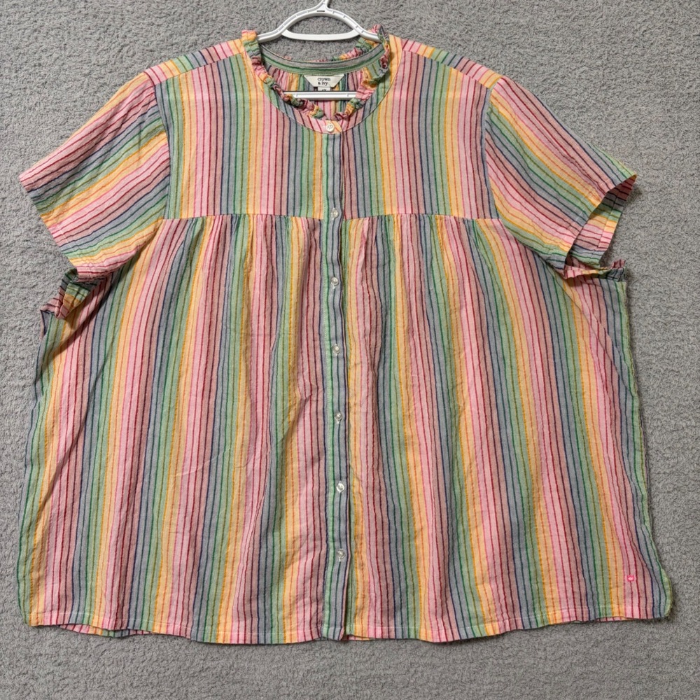 Casual Lightweight Cotton Blouse Button Front Colorful 4X Ruffle Neck Teacher